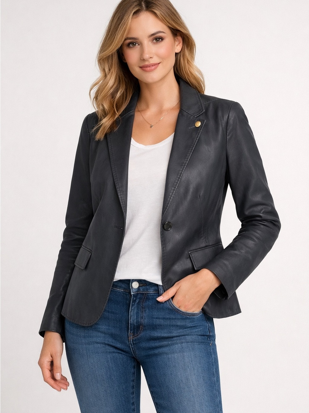 G-Star Women's Black Leather Blazer with Navy Lining